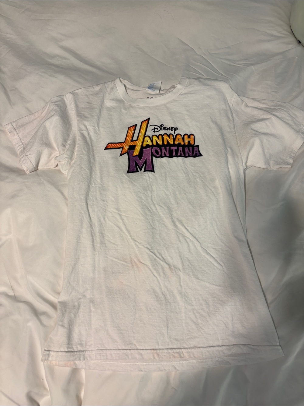 Disney White Hannah Montana Graphic Tee with Purple & Gold Logo